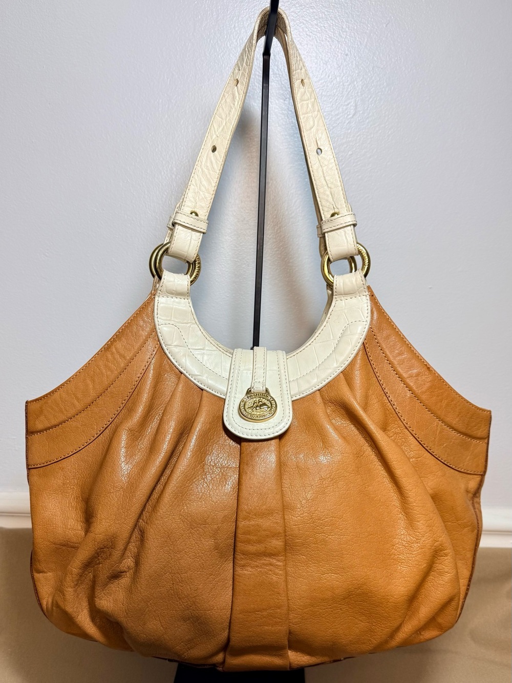 Brahmin Ester Lagoon Shoulder Bag Butterscotch Leather Cream Croc Trim